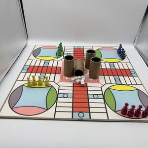 Vintage Parcheesi Board Game Selchow & Righter Wooden Pieces Dice Cups Deluxe